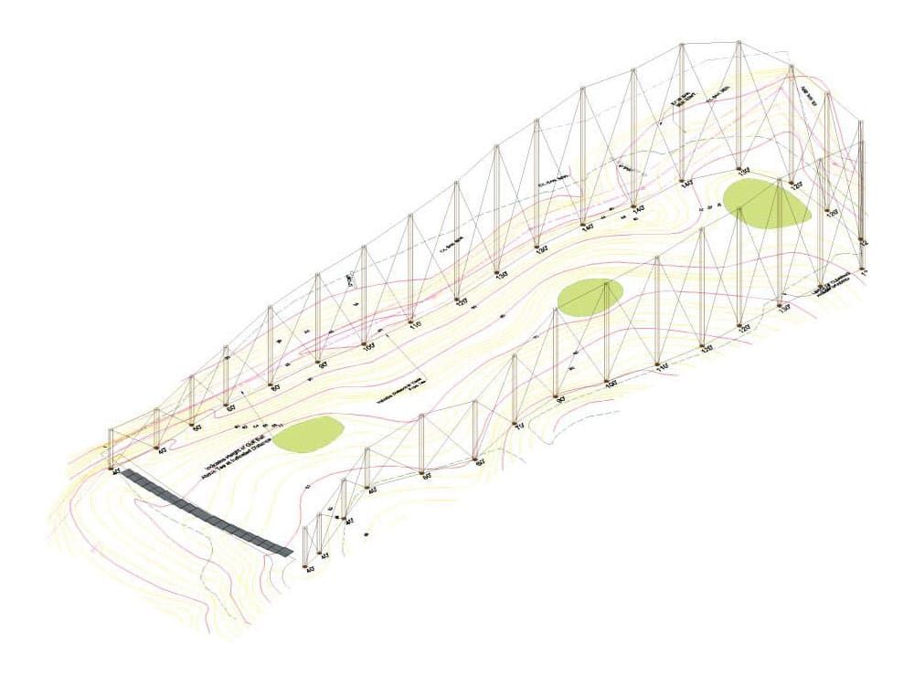 A topographical diagram  of a driving range showing elevation lines and pathways, including highlighted paths and green circular areas. Poles surround indicate height required to block errant balls based on ball trajectory studies.