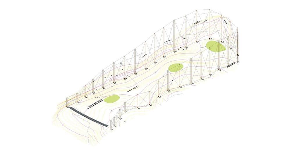 A 3D golf ball trajectory study diagram showing a golf driving range with contour lines, elevation points, and highlighted areas in green.