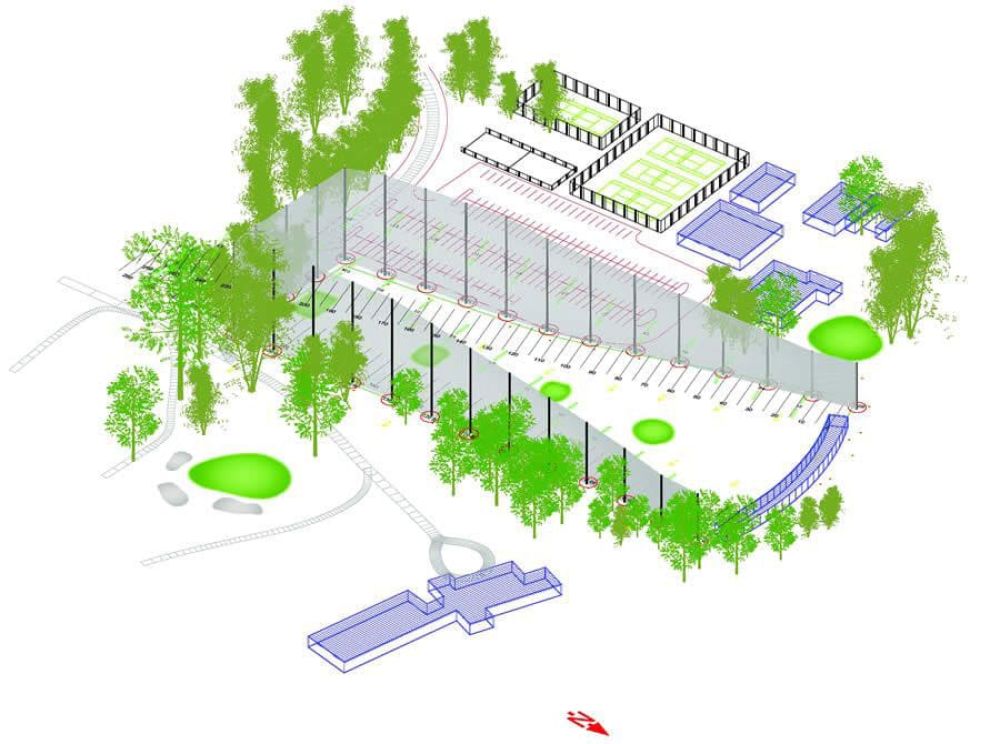 Illustration of a sports park layout with golf driving range, pathways, parking spaces, trees, and several rectangular buildings.