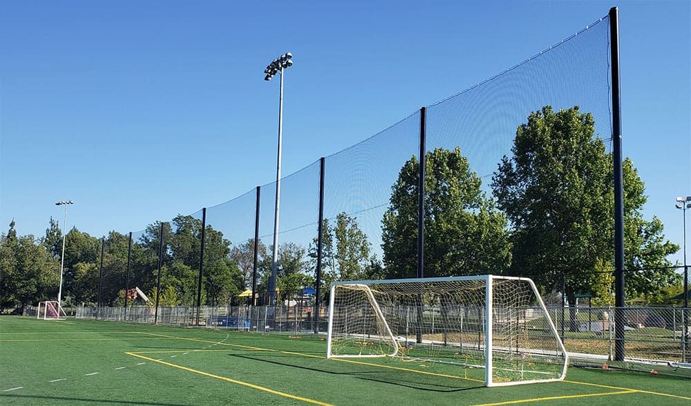 Soccer field with green turf, white goalposts, tall black netting fence behind the goal, and large trees in the background under a clear blue sky.