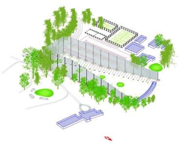 Illustration of a driving range complex surrounded by trees, featuring various structures, a parking lot, pathways, and open green spaces.